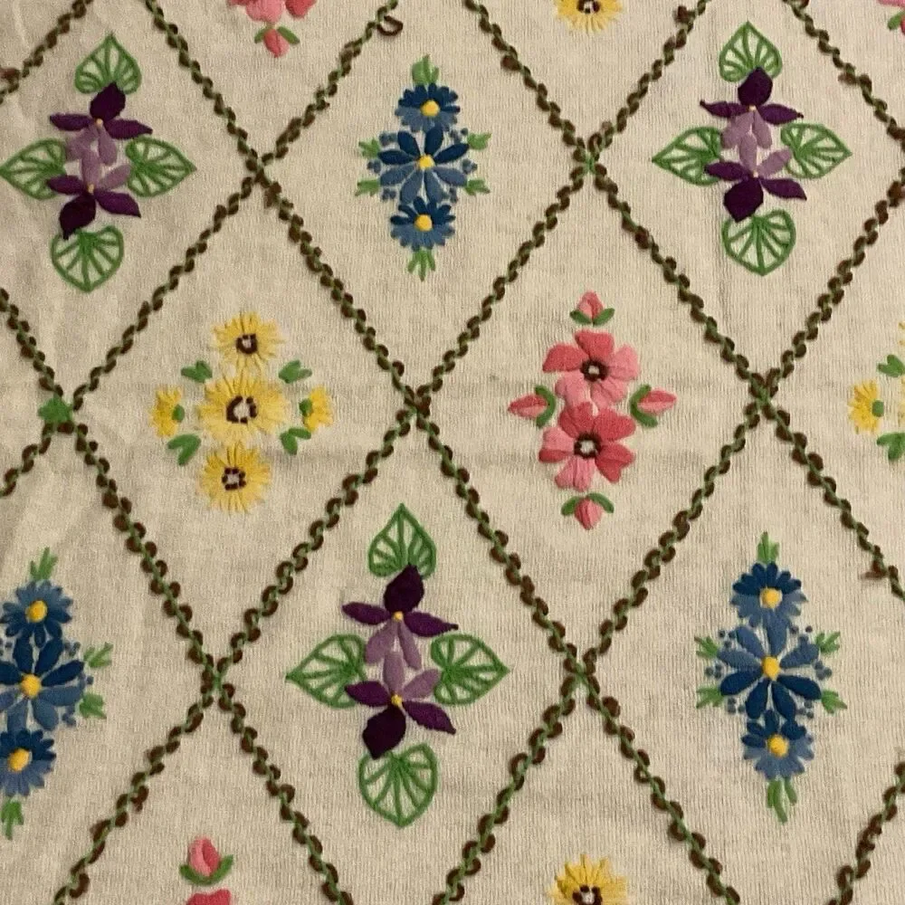 Vintage Handmade Throw Crewel Embroidered Cottage Granny Wool 54 X 66 MCM